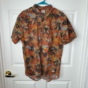 Quiksilver Orange Palm Hawaiian Modern Fit Button Down Size L